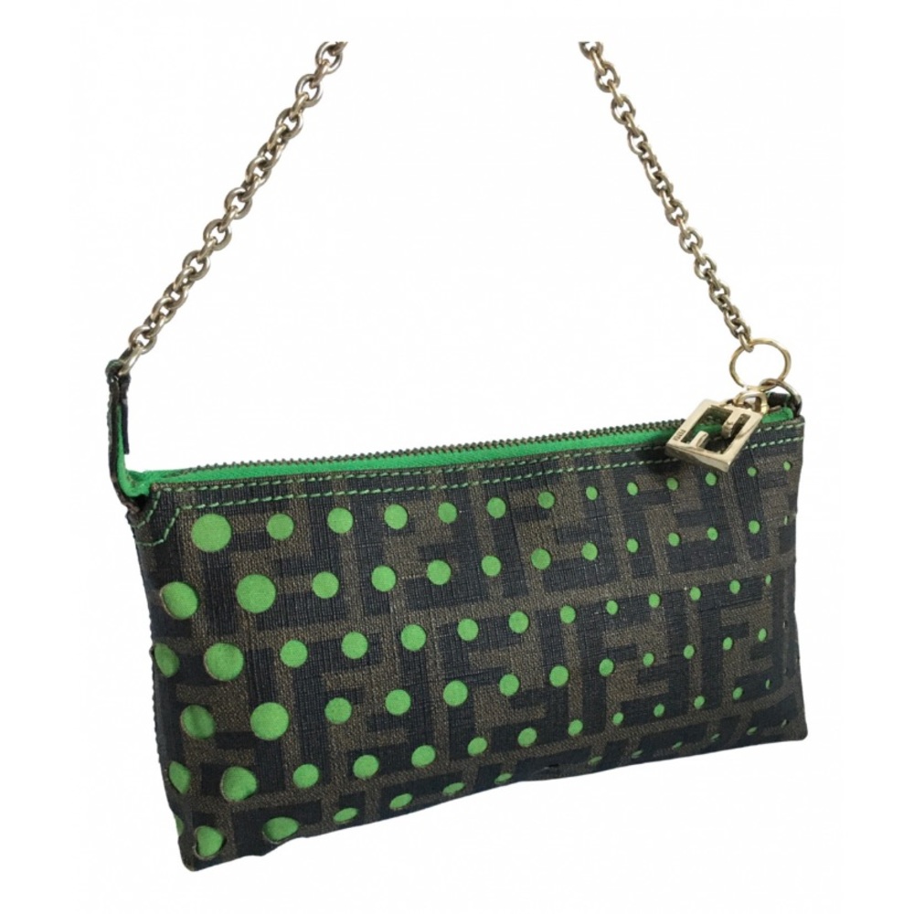 Authentic Fendi Zucca Perforated Pochette Mini Bag with Green Accent